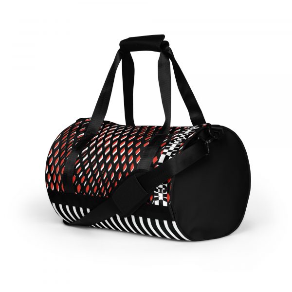 Designer Sports Bag Mesh Style Orange Black White 7 all over print gym bag white left front 638e1f51d0e9f