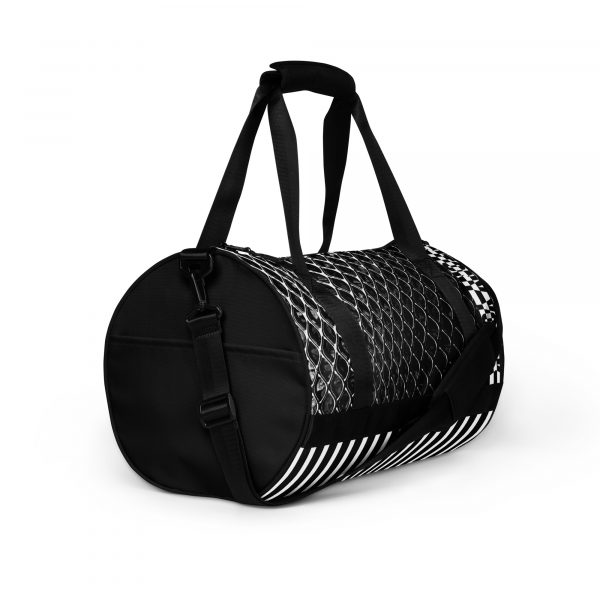 Designer Sports Bag Mesh Style Black White 4 all over print gym bag white right front 6389cd063d3c2