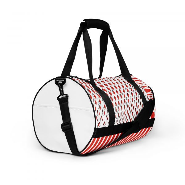 Designer sports bag mesh style orange white 5 all over print gym bag white right front 638e1dd378c02