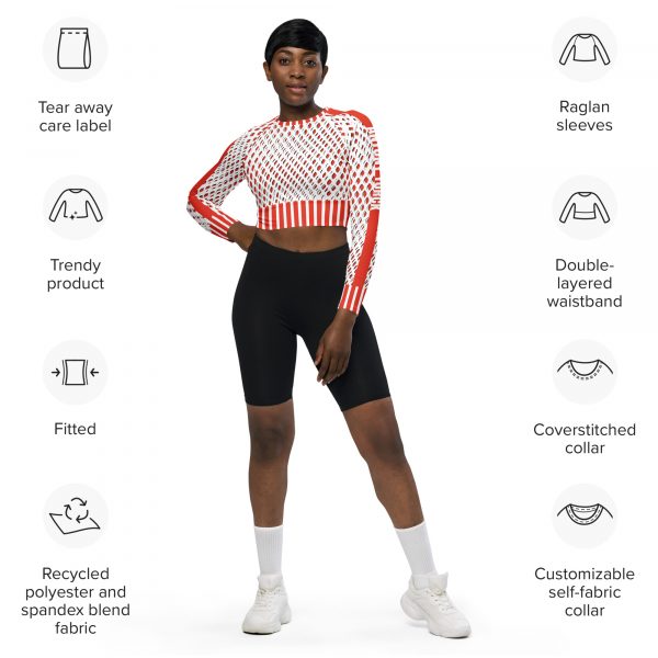 Damen Recycling Crop Top Langarm Mesh Print Orange Weiß 5 all over print recycled long sleeve crop top white front 638e356160808