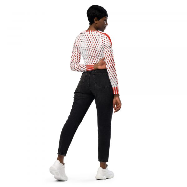 Damen Recycling Crop Top Langarm Mesh Print Orange Weiß 3 all over print recycled long sleeve crop top white right back 638e3546c6eed