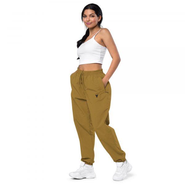 Recycling training pants in three colors with logo embroidery unisex style 10 recycled tracksuit trousers olive oil left front 6391f5a1ddf27