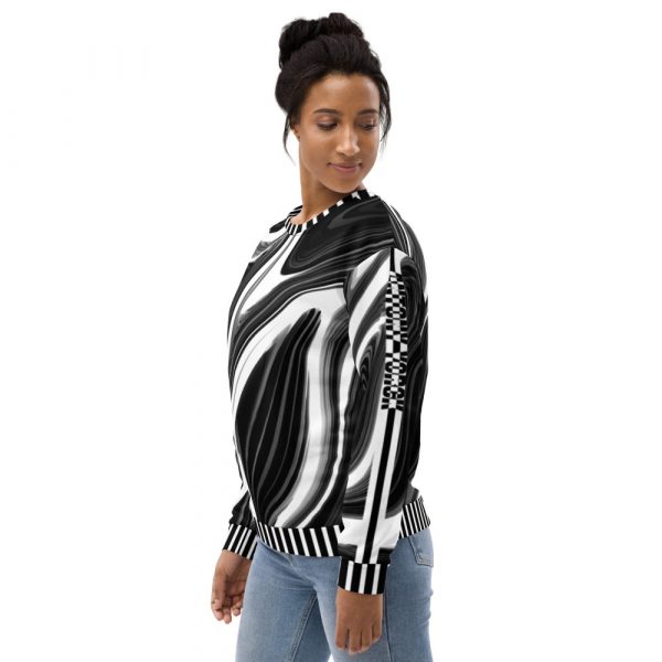 Designer Damen Sweatshirt Psychedelisch schwarz weiß 3 all over print unisex sweatshirt white left front 63f4de6b5679f