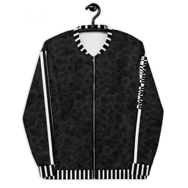 Designer Ladies sweat jacket Midnight Roses Black White 3 all over print unisex bomber jacket white front 644b9dca40044