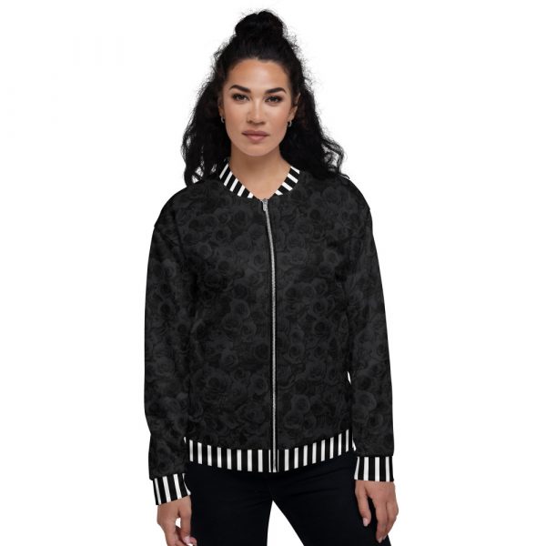 Designer Ladies sweat jacket Midnight Roses Black White 2 all over print unisex bomber jacket white front 644b9dca4028a