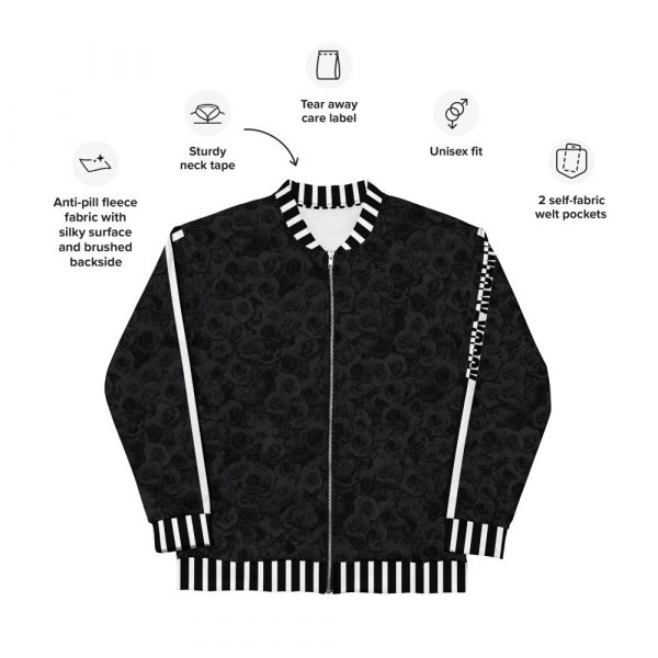 Designer Ladies sweat jacket Midnight Roses Black White 6 all over print unisex bomber jacket white front 644b9dca40526