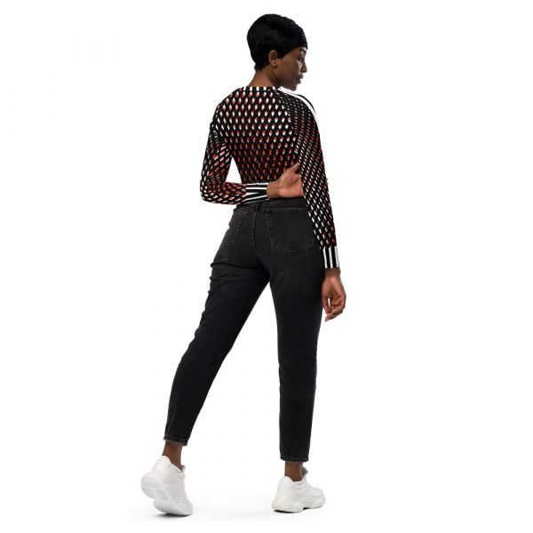 Damen Recycling Crop Top Langarm Mesh Print Orange Schwarz Weiß 4 all over print recycled long sleeve crop top white right back 64ca2e9fe421a