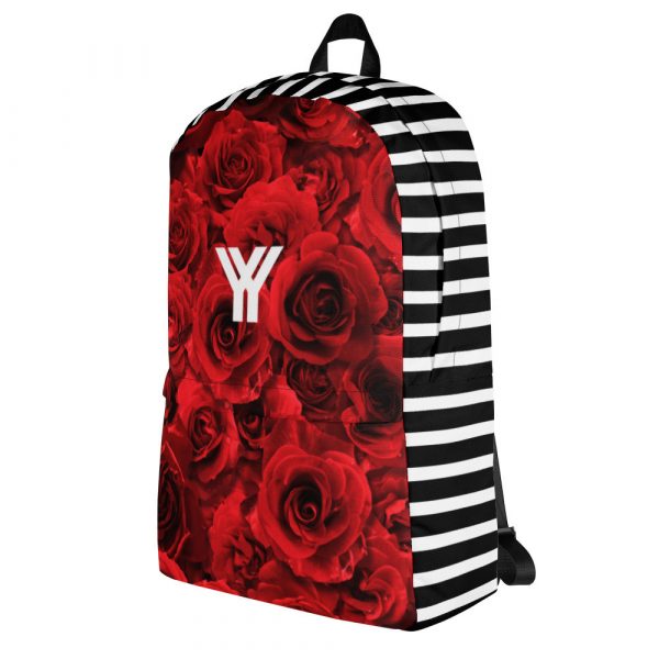 Exclusive designer backpack Red Roses with front pocket 2 all over print backpack white left 6514322a07adc