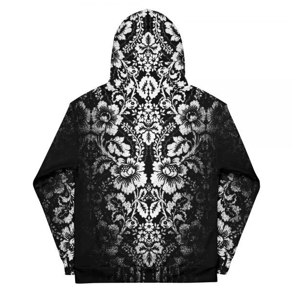 Stylischer Damen Designer Hoodie - Ein schwarzer Damenhoodie des Designer Labels ANTONY YORCK mit einem auffälligen weißen floralen Muster im baroque Noir Stil, das den gesamten Stoff bedeckt. Der Hoodie zeigt den Schriftzug "ANTONY YORCK" am Ärmel und hat eine Kapuze mit Kordelzug. Perfekt für luxury urban street style, streetwear fashion und subversive style. Entdecken Sie mehr auf https://antonyyorck.com. Schlüsselwörter: trendy womenswear, modern fashion, designer hoodie, urban clothing, stylish streetwear.