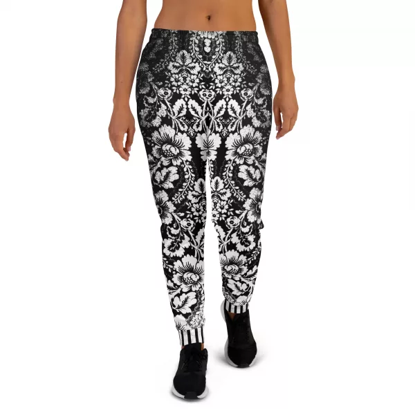 Stylische Designer Jogginghose Damen Baroque Ornaments Black White