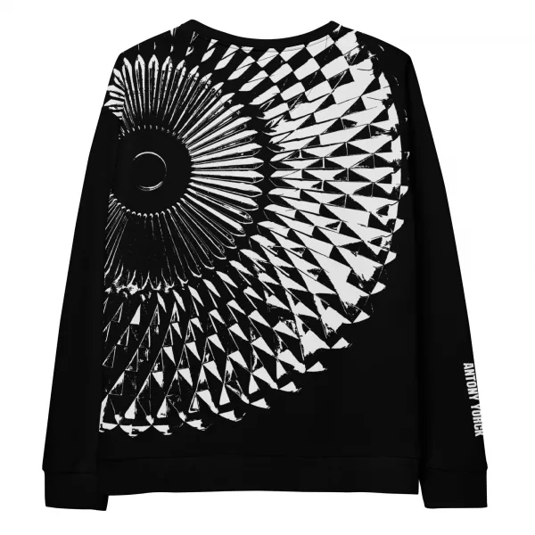Damen Designer Sweatshirt Capital in schwarz mit weißem abstraktem Aufdruck, Rückseite, designed by Antony Yorck, Berlin