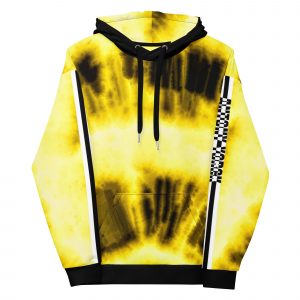 Designer Hoodie aus recyceltem Material für Damen in gelb schwarz Batik Tie Dye von Antony Yorck
