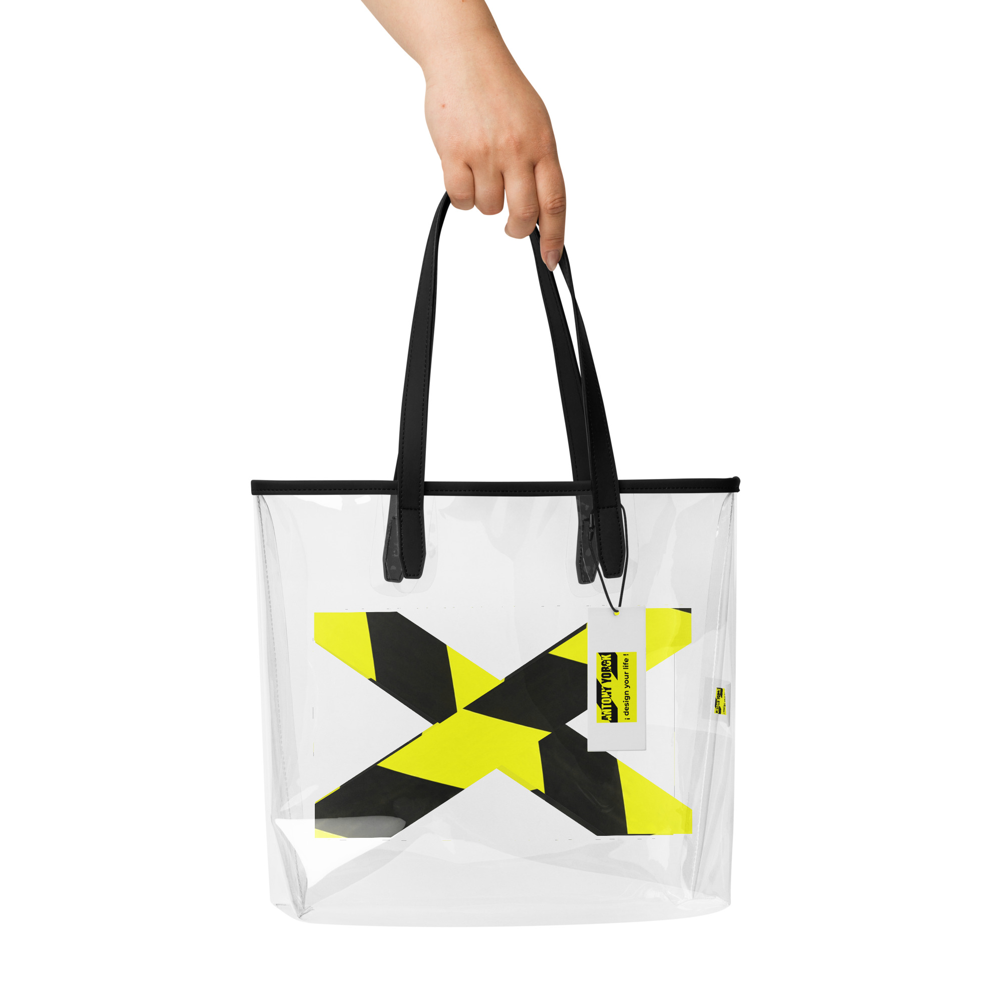 Transparente ANTONY YORCK Designer-Tragetasche der Prohibited Nobility Edition, von einer Hand gehalten, um den Maßstab und die hochwertige TPU-Verarbeitung zu demonstrieren.