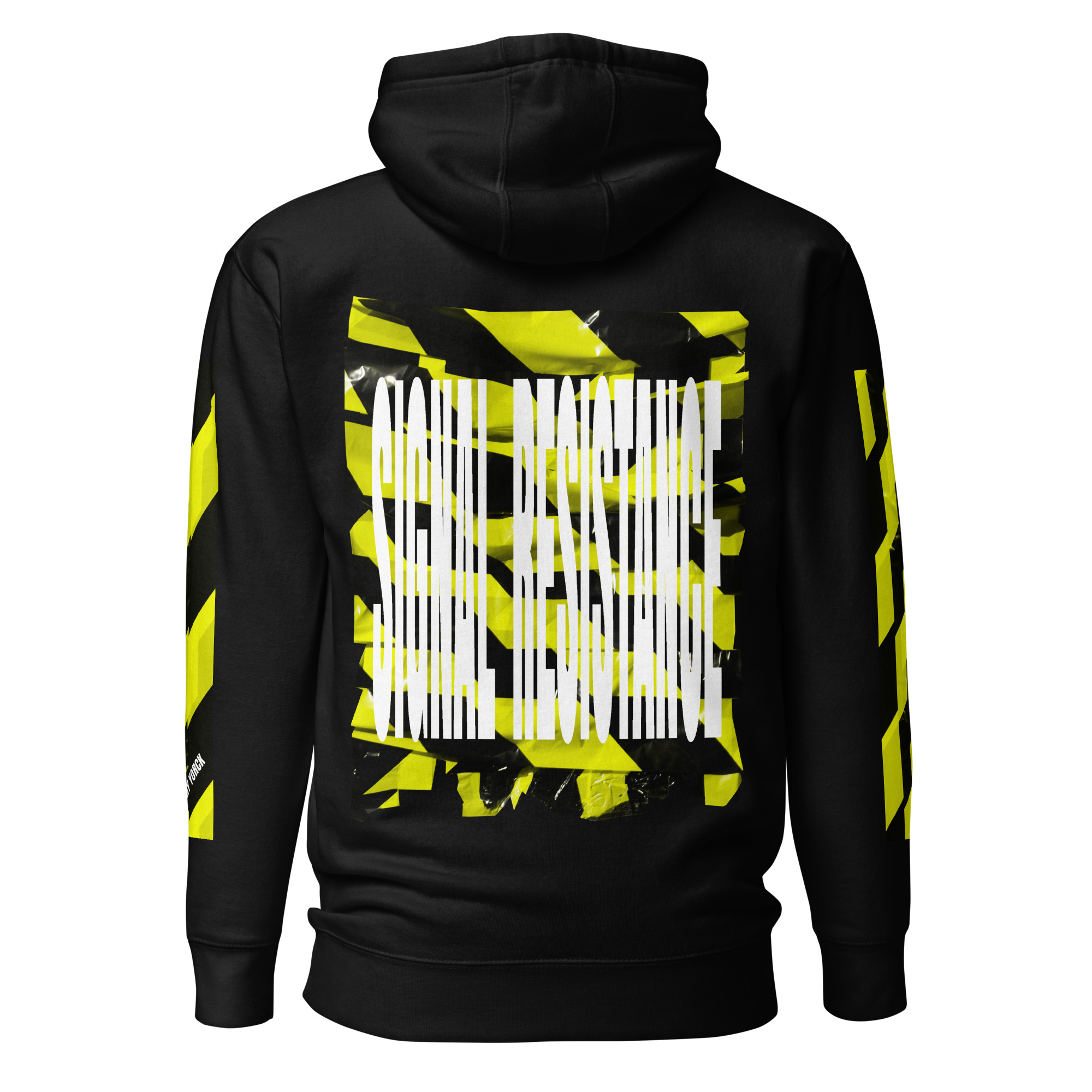 Damen Designer Hoodie PROHIBITED NOBILITY Edition „Signal Resistance“ 6 Rückansicht des schwarzen ANTONY YORCK Damen-Hoodies mit großem Signal-Resistance-Backprint; Fokus auf das neongelbe Grafikdesign und die hochwertige Kapuzenverarbeitung.