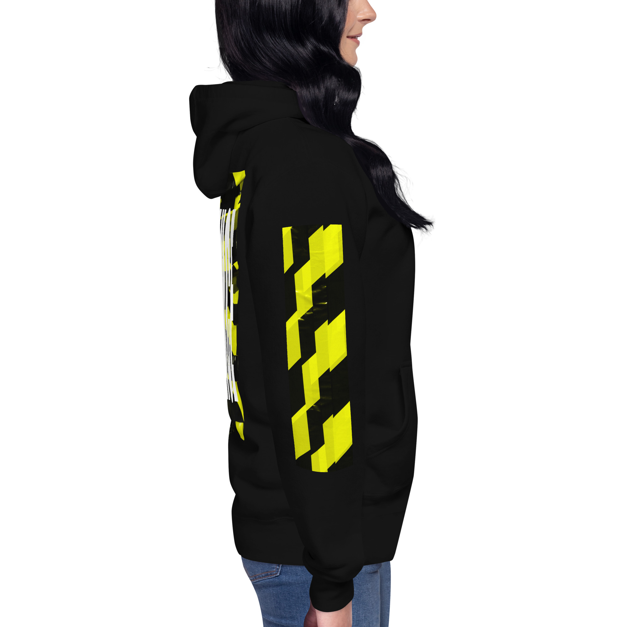 Damen Designer Hoodie PROHIBITED NOBILITY Edition „Signal Resistance“ 5 Seitenansicht eines schwarzen ANTONY YORCK Damen-Hoodies; detaillierte Darstellung des neongelben Grafik-Prints am rechten Ärmel der Signal Resistance Edition.