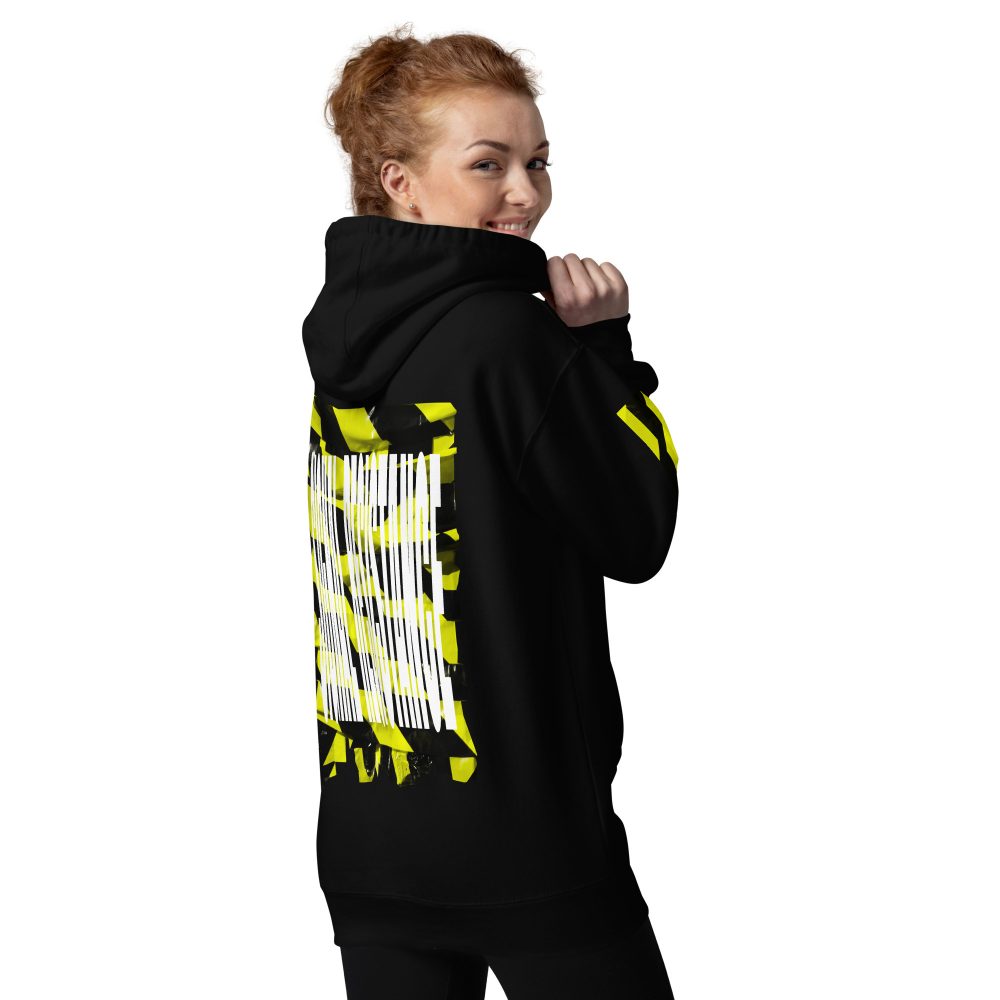 Damen Designer Hoodie mit Signal Resistance Back-Print; Rückansicht am Model zeigt den markanten weiß-neongelben Grafik-Druck der PROHIBITED NOBILITY Edition.