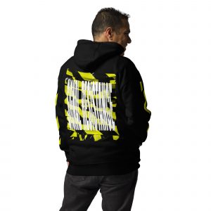 Herren Designer Hoodie in Schwarz mit Signal Resistance Rückenprint; Rückansicht des PROHIBITED NOBILITY Edition Hoodies von ANTONY YORCK am Model.