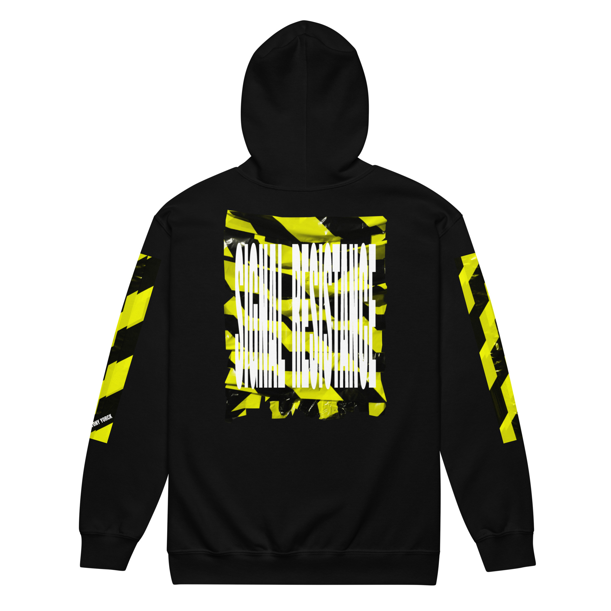 PROHIBITED NOBILITY Designer Art Wear Zip-Hoodie für Herren 6 Detailaufnahme Rückenprint gelbes Absperrband auf schwarzem Herren Designer Art Wear Hoodie von Antony Yorck