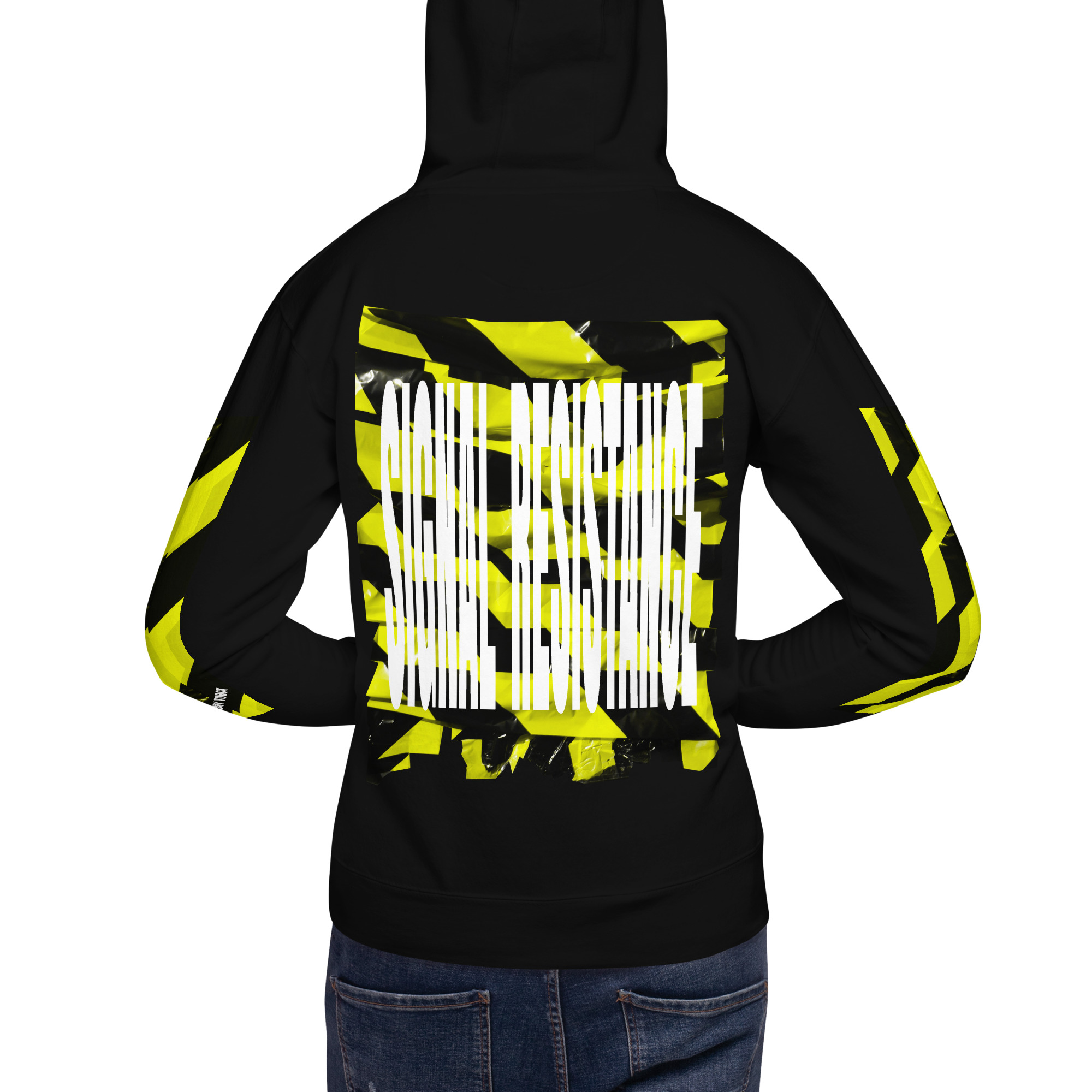 Rückansicht des ANTONY YORCK Herren Hoodies Signal Resistance; großer weißer Typografie-Print auf neongelbem Warnband-Design und aufgesetzte Kapuze bei der Prohibited Nobility Edition.