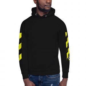 Herren Designer Hoodie in Schwarz mit neongelben Signal-Prints an den Ärmeln; Frontansicht des ANTONY YORCK Luxury Streetwear Hoodies aus der Prohibited Nobility Edition.