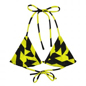 Vorderansicht des PROHIBITED NOBILITY Edition 01 Designer Bikini-Oberteils von Antony Yorck auf weißem Hintergrund; gelb-schwarzer Grafik-Print.