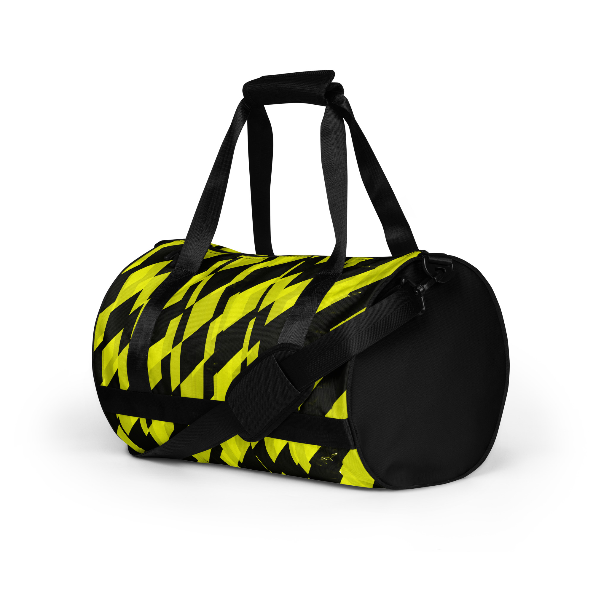 PROHIBITED NOBILITY Designer Art Wear Sporttasche Edition 01 mit gelb-schwarzem Allover-Print von Antony Yorck in der Frontansicht.