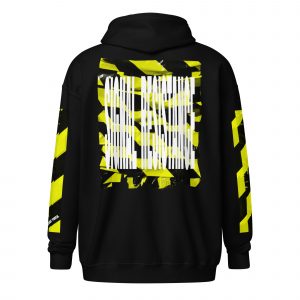 Rückseite Herren Designer Art Wear Hoodie mit gelbem Signal-Print SIGNAL_RESISTANCE aus der Kollektion PROHIBITED NOBILITY von Antony Yorck