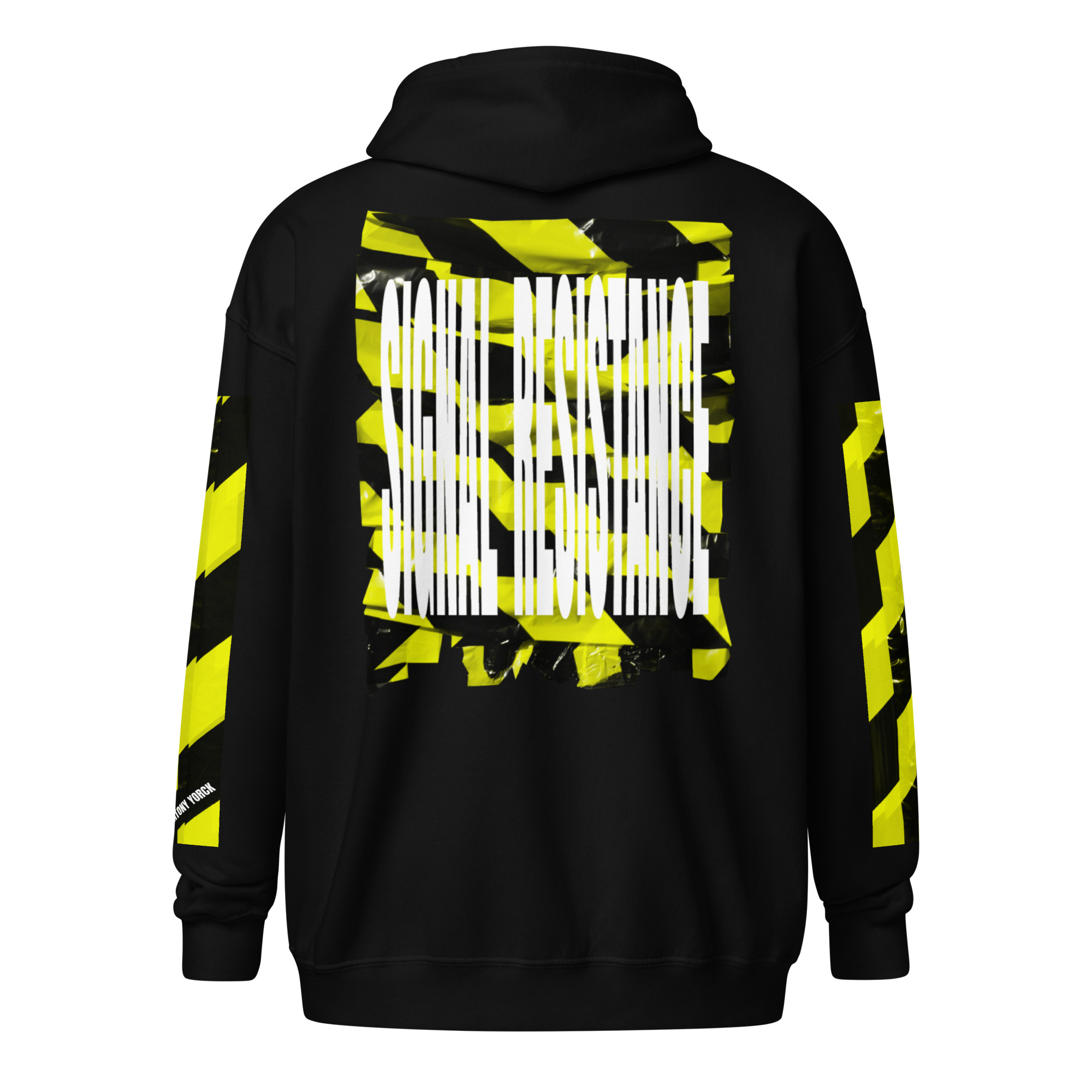 PROHIBITED NOBILITY Designer Art Wear Zip-Hoodie für Herren 1 Rückseite Herren Designer Art Wear Hoodie mit gelbem Signal-Print SIGNAL_RESISTANCE aus der Kollektion PROHIBITED NOBILITY von Antony Yorck