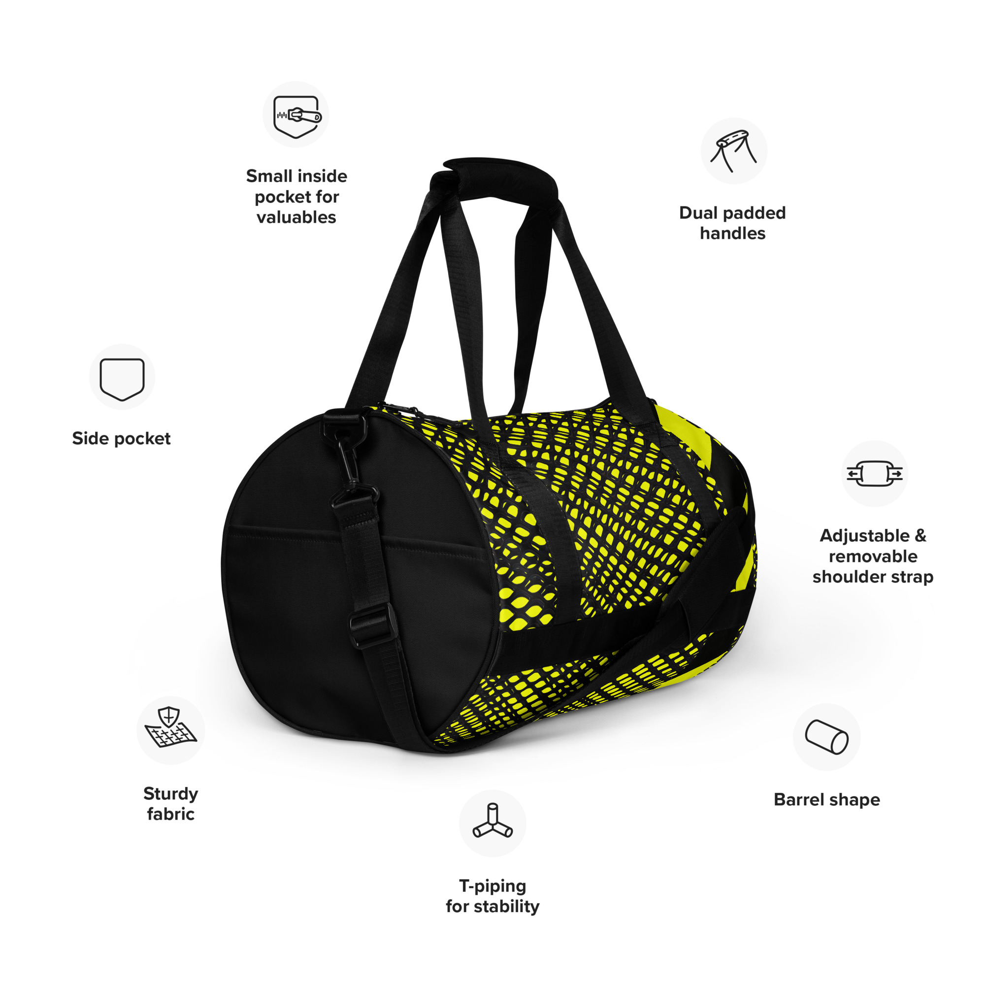 PROHIBITED NOBILITY Designer Sporttasche Neongelb Edition 03 3 Infografik der ANTONY YORCK Designer Sporttasche Edition 03 mit Details zu T-Piping für Stabilität, 30L Barrel-Form, robustem Material, Innentasche und verstellbarem Schultergurt.