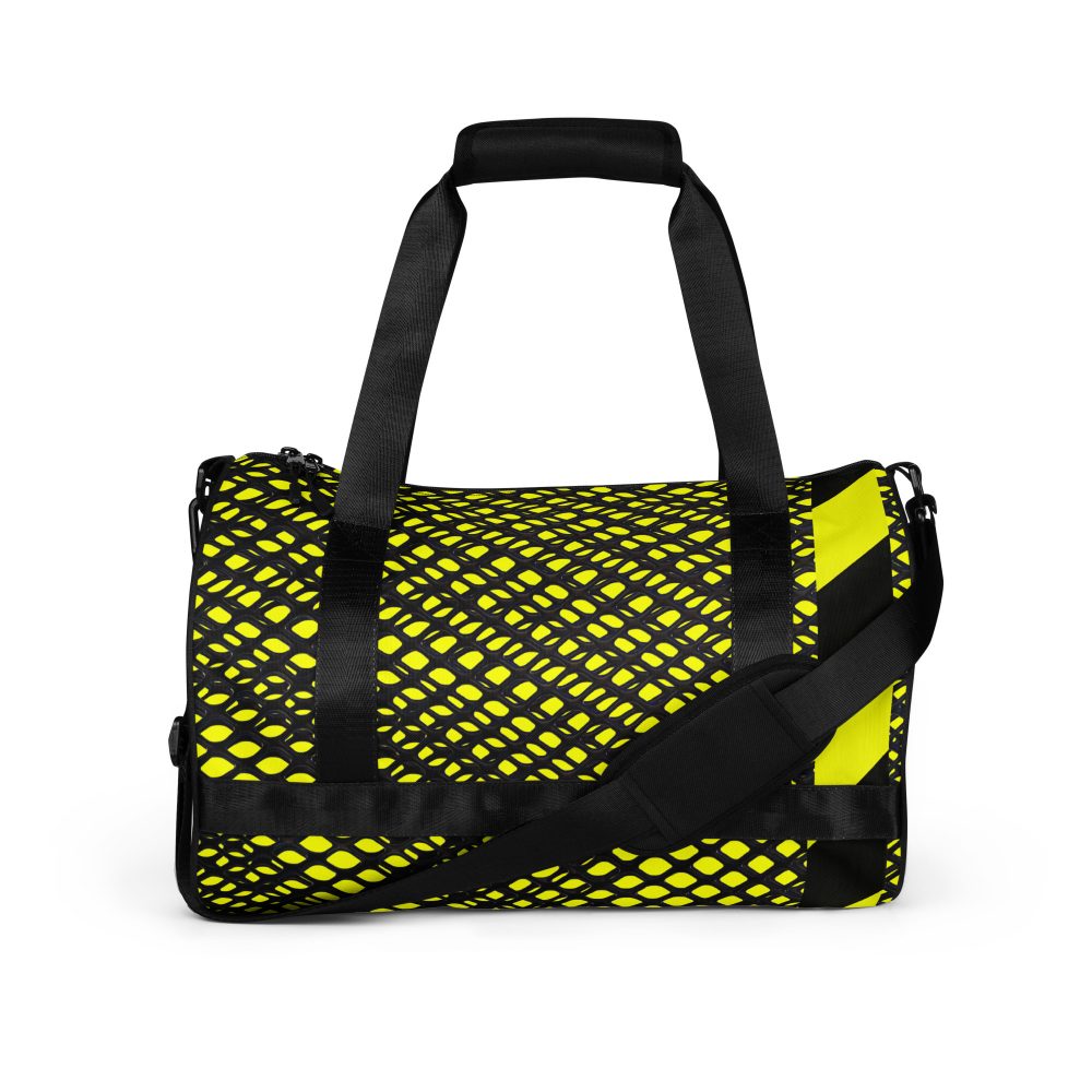 Hauptansicht der ANTONY YORCK Designer Sporttasche Neongelb Edition 03 mit schwarzem Grafik-Print, gepolsterten Tragegriffen und verstellbarem Schultergurt vor weißem Hintergrund.