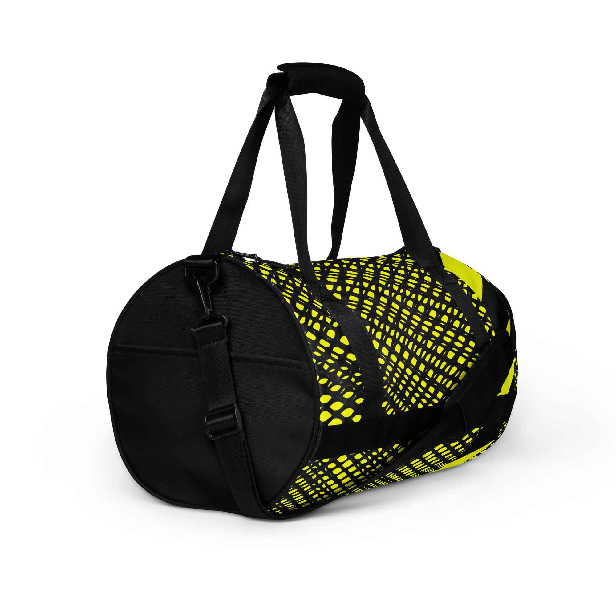 PROHIBITED NOBILITY Designer Sporttasche Neongelb Edition 03 5 Seitenansicht der neongelben ANTONY YORCK Designer Sporttasche Edition 03 mit Fokus auf den schwarzen Schultergurt, die robuste Gewebestruktur und die zylindrische Barrel-Form.