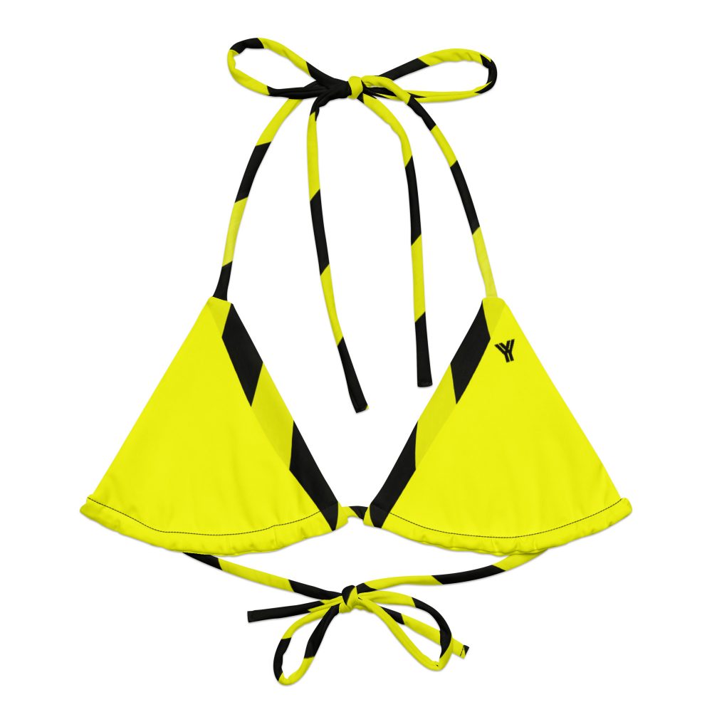 Freigestellte Frontansicht des neongelben ANTONY YORCK Designer String Bikini-Oberteil PROHIBITED NOBILITY mit schwarzem Grafik-Print und Triangel-Schnitt.