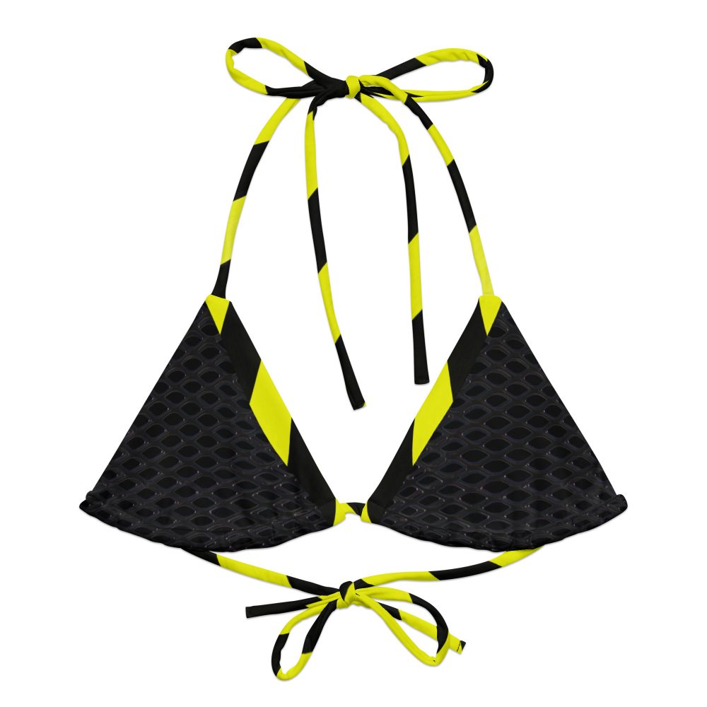 Vorderseite des Designer Bikini-Oberteil Netz-Optik Prohibited Nobility Edition 04 von Antony Yorck, ein Triangel-Top in Schwarz und Neongelb mit Wabenmuster und der MPN 6A08B66002D67.