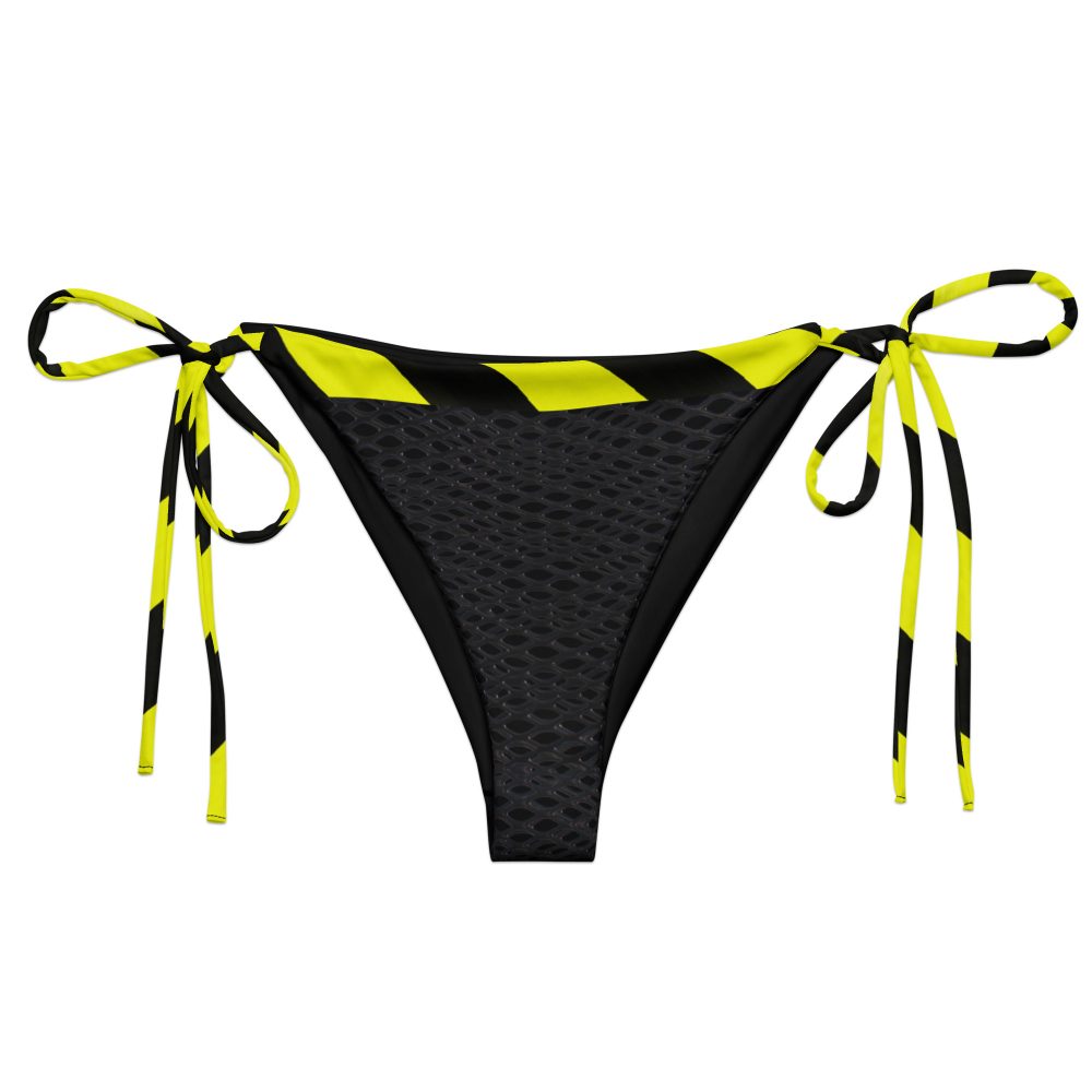 Frontansicht des Designer Bikini-Unterteil Netz-Optik Prohibited Nobility Edition 04 von Antony Yorck in Schwarz und Neongelb mit verstellbaren Seitenbändern.