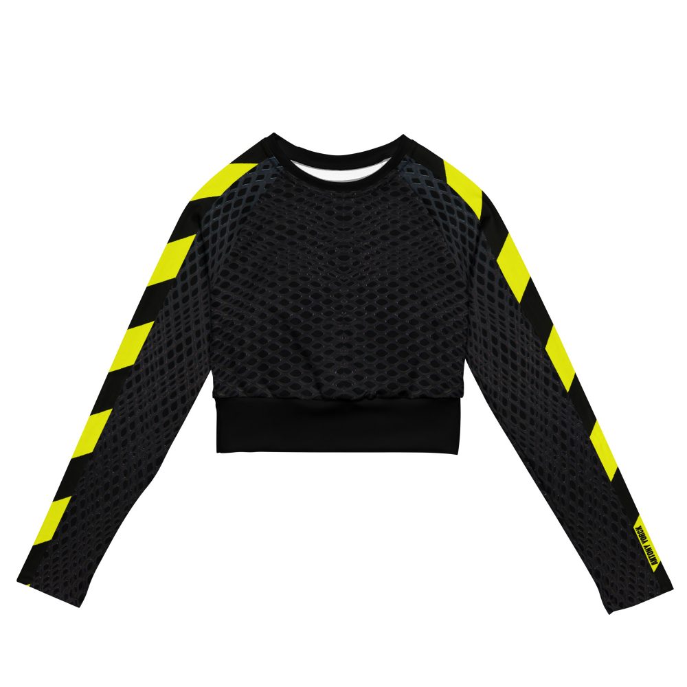 Symmetrischer Studio-Packshot von vorne des Designer Damen Crop Top Langarm Prohibited Nobility Edition 04 von Antony Yorck auf weißem Hintergrund mit Wabenmuster und neongelben Signalstreifen an den Raglanärmeln.