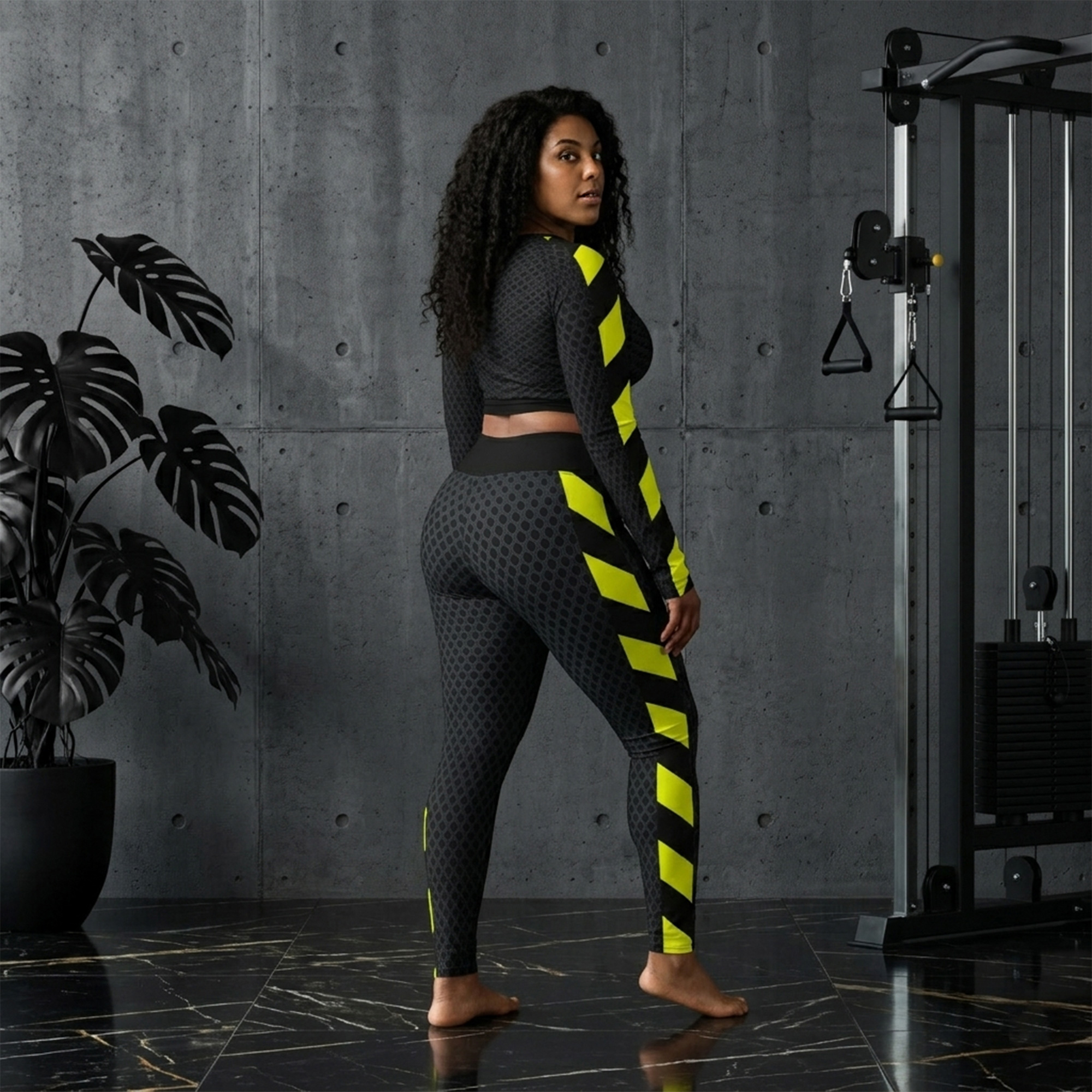 Rückansicht und Silhouette eines Models im Fitness-Studio, das die perfekt sitzende Designer Damen Yoga Leggings Netz-Optik Prohibited Nobility Edition 04 von Antony Yorck mit Fokus auf den High-Waist-Bund zeigt.