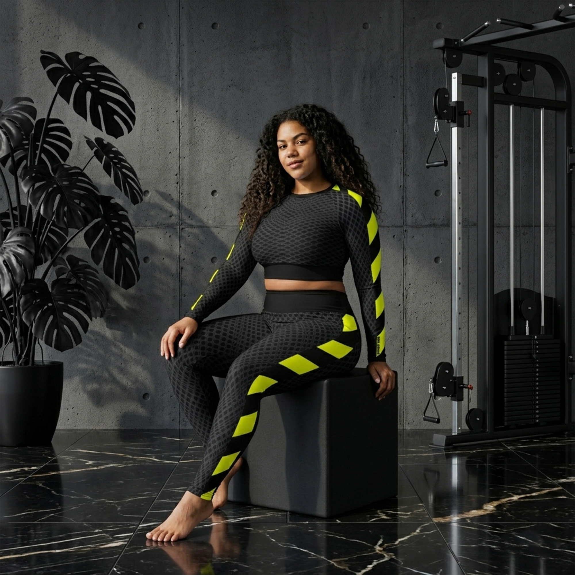 Seitenansicht der Designer Damen Yoga Leggings Netz-Optik Prohibited Nobility Edition 04 von Antony Yorck, getragen am Model mit Fokus auf den High-Waist-Bund und den markanten Galonstreifen in Neongelb-Schwarz.