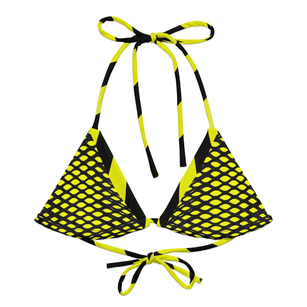 Freigestellte Vorderansicht des neongelben Designer String Bikini-Oberteils PROHIBITED NOBILITY Edition 03 mit grafischem Gitter-Print.