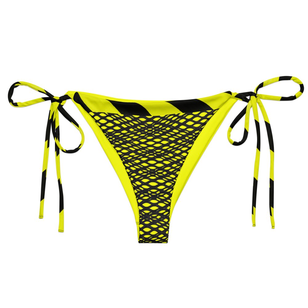Vorderansicht des neongelben Designer String Bikini-Unterteils Edition 03 von ANTONY YORCK mit kinetischem Allover-Print und seitlichen Bindebändern vor weißem Hintergrund.