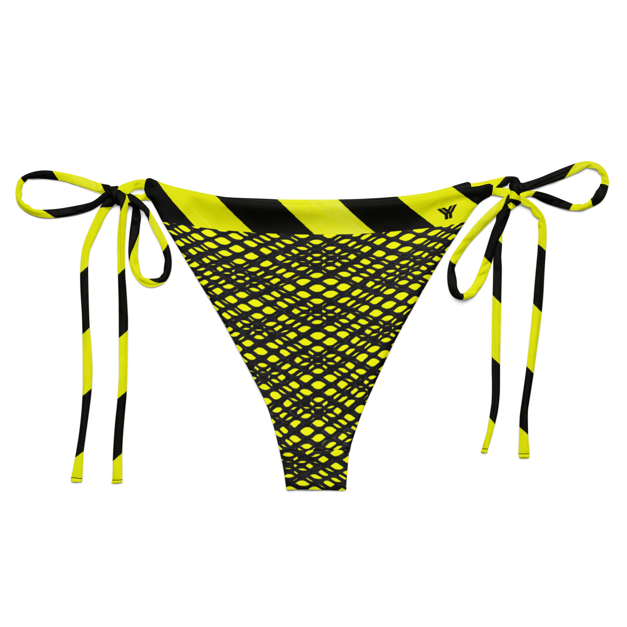 Designer String Bikini-Unterteil PROHIBITED NOBILITY Edition 03 3 Rückansicht des neongelben Designer String Bikini-Unterteils PROHIBITED NOBILITY Edition 03 mit sichtbarem ANTONY YORCK Logo-Icon und markantem Gitter-Print.